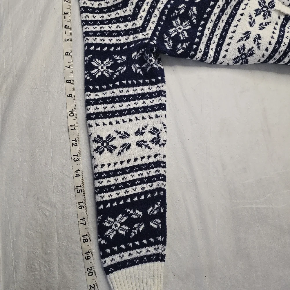 Lands' End Fair Isle Sweater Open Cardigan Navy Ivory Nordic Print Cabincore M - Picture 13 of 13